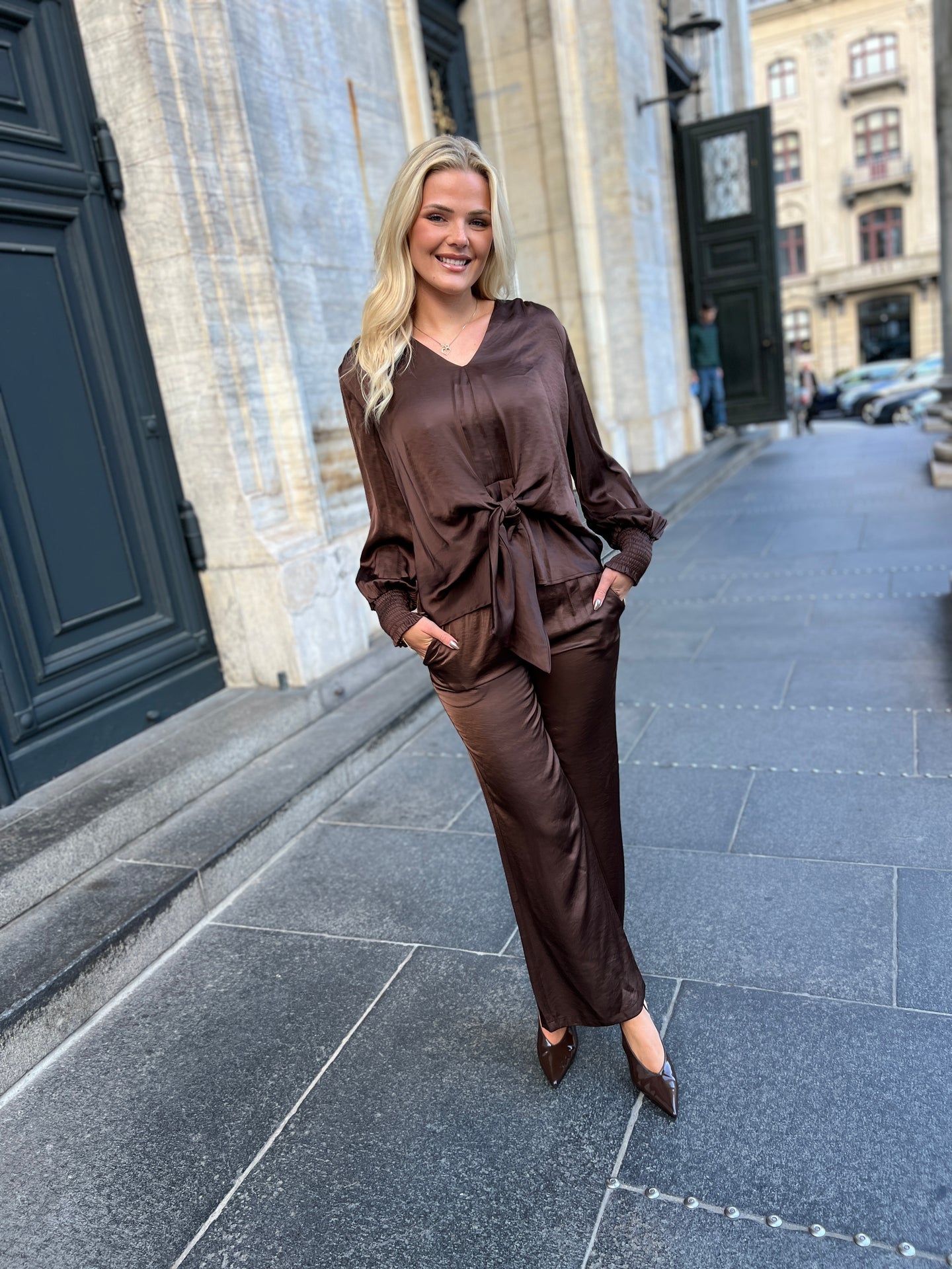 Continue KARINA SATIN WRAP BLUSE brown