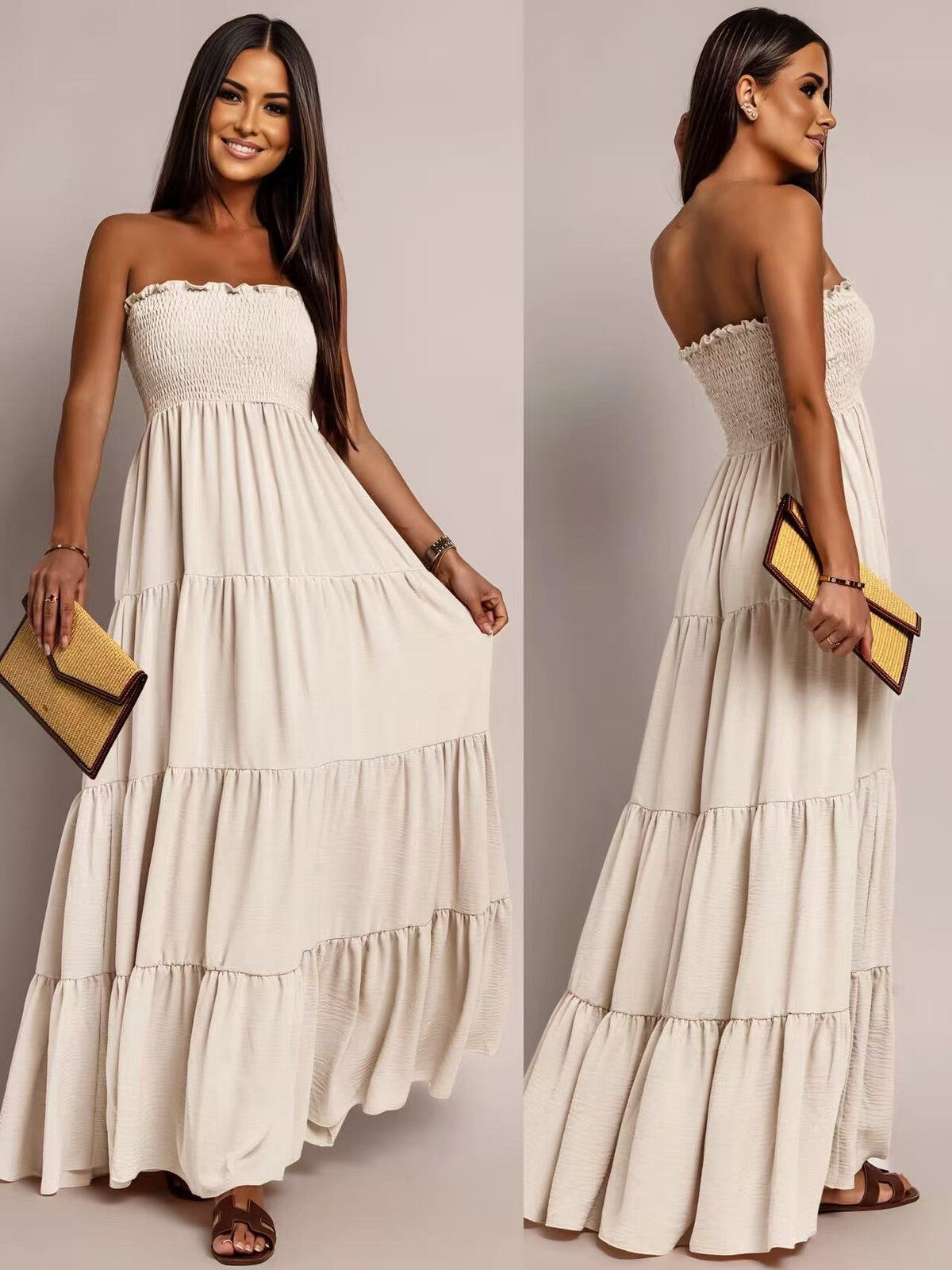 Model i Syma beige summer dress fra webshoppen Aaberg Copenhagen