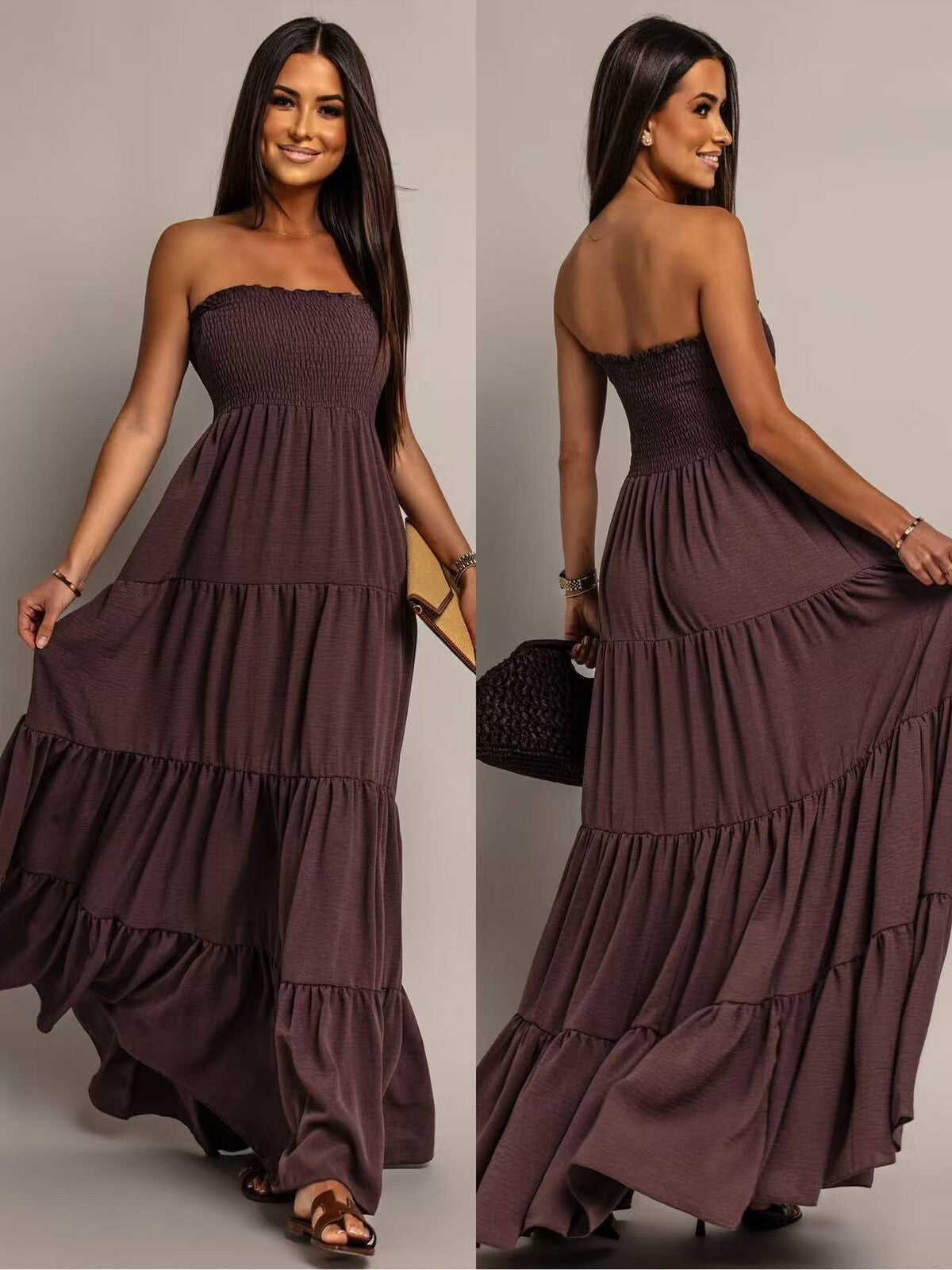 Model i Syma coffe summer dress fra webshoppen Aaberg Copenhagen