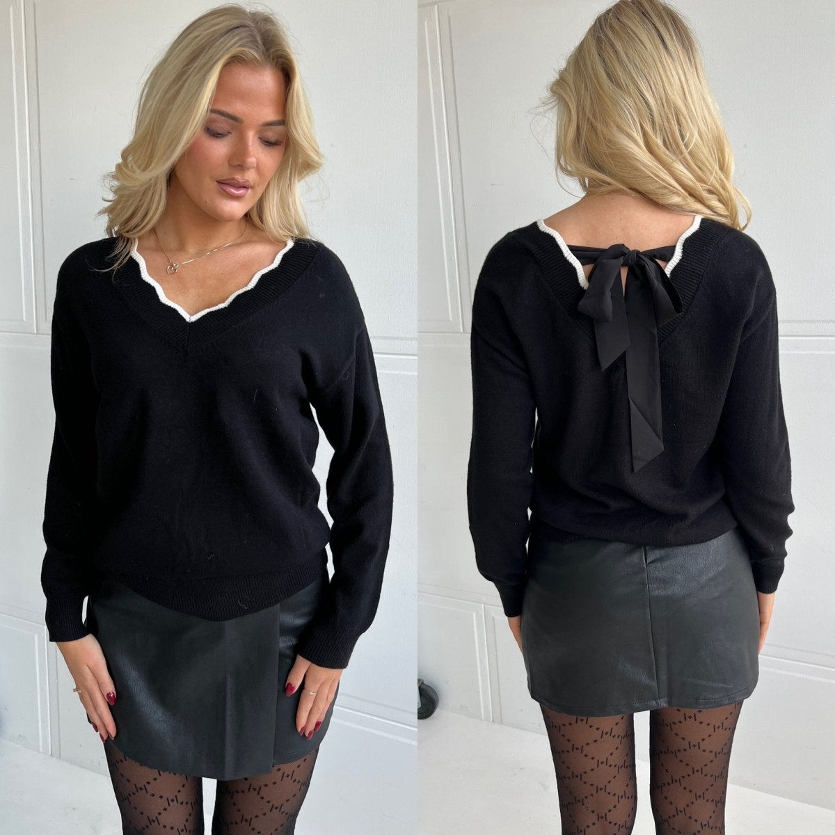 Rosy Days Black V - Neck Sweater with Bow Detail - Aaberg DK