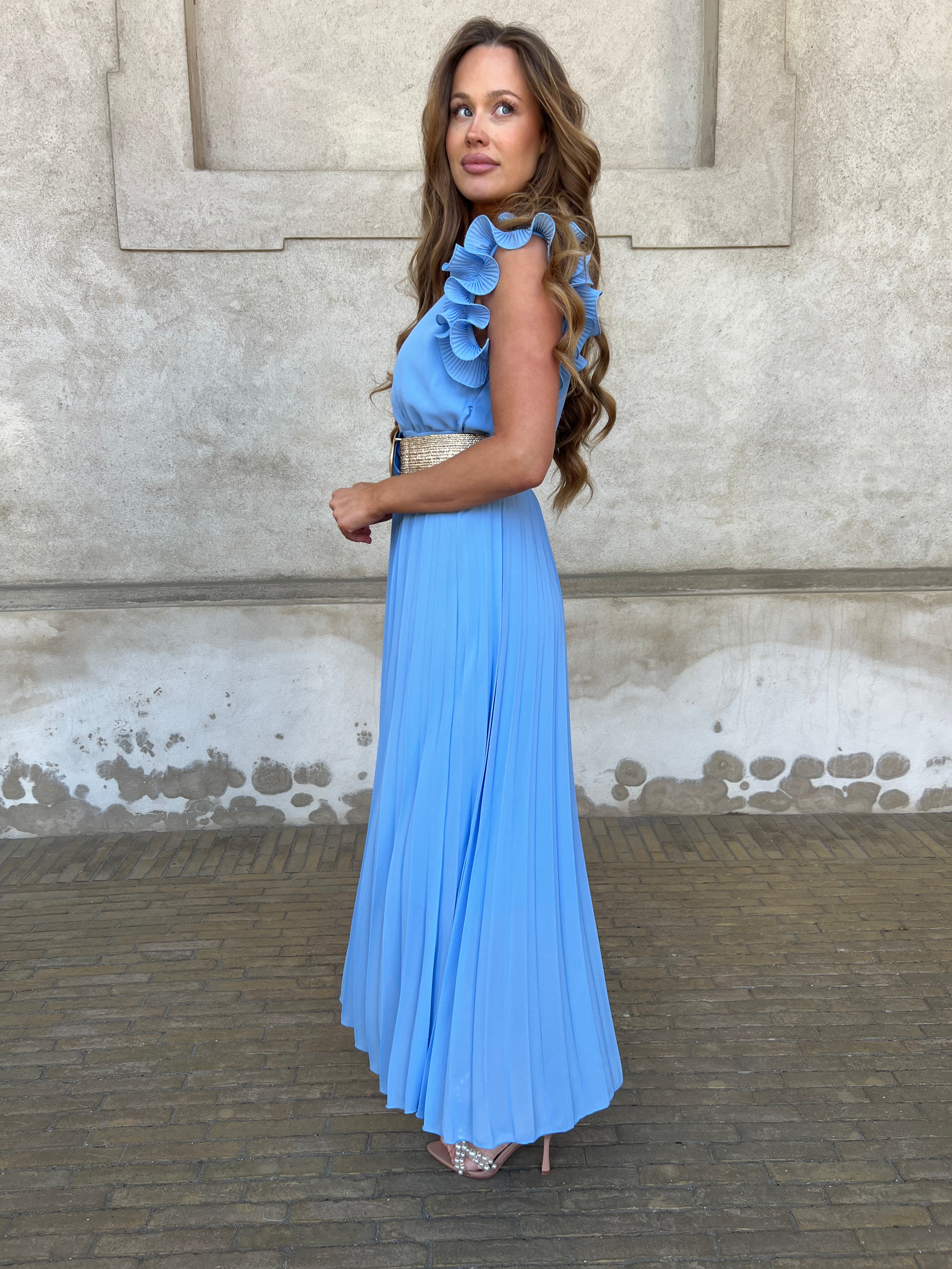 KAIA BLUE LONG PLISSE DRESS