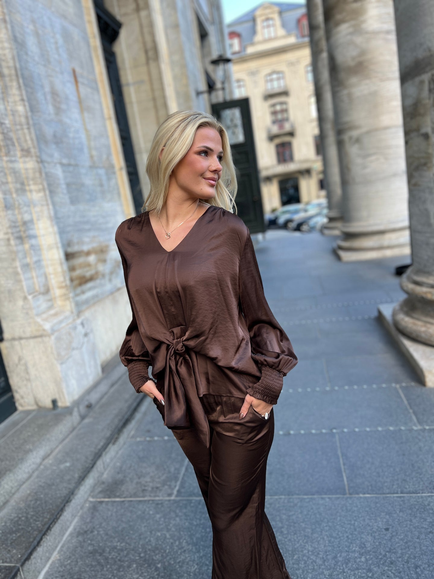 Continue KARINA SATIN WRAP BLUSE brown
