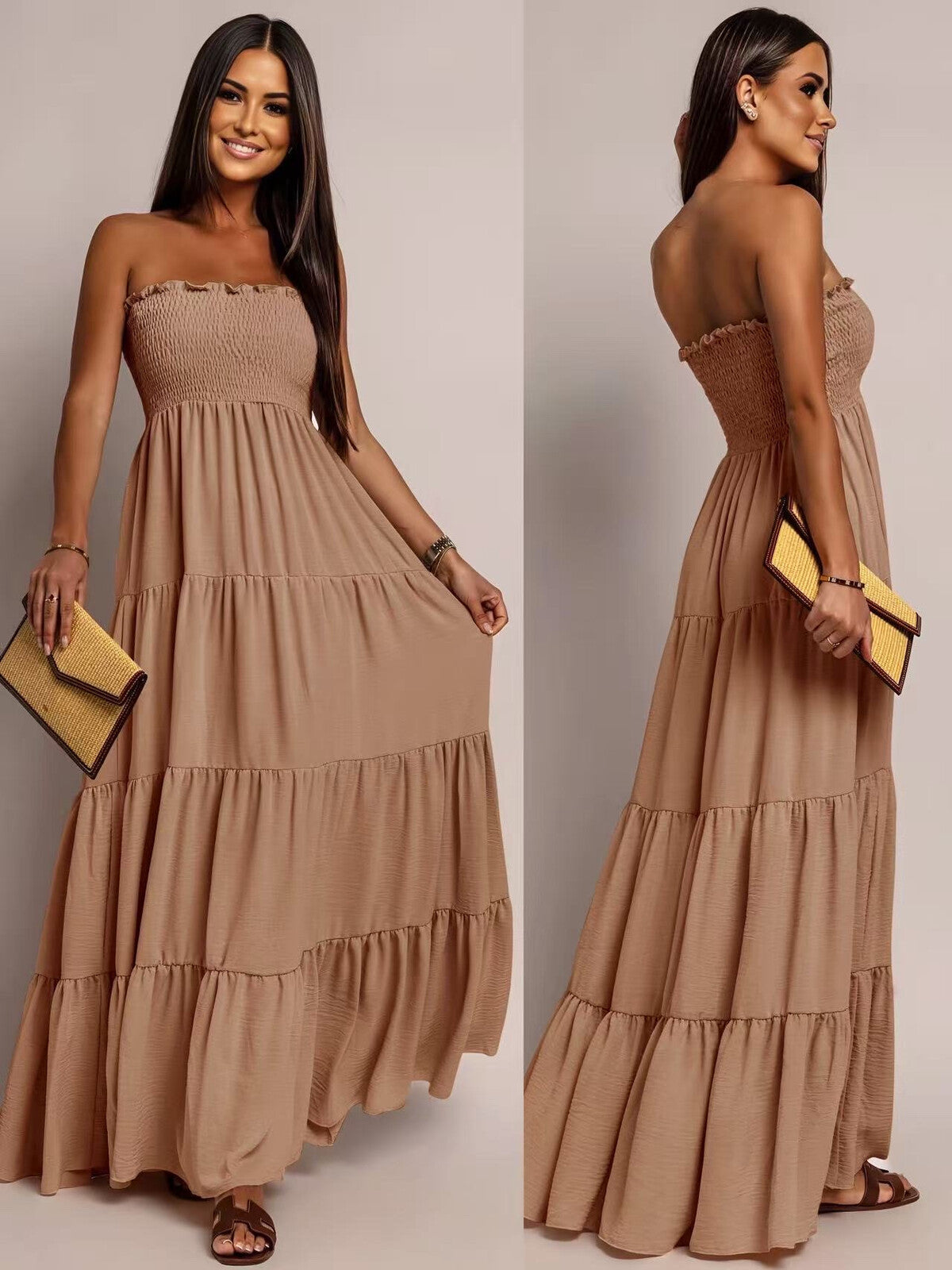 Model i Syma caramel summer dress fra webshoppen Aaberg Copenhagen