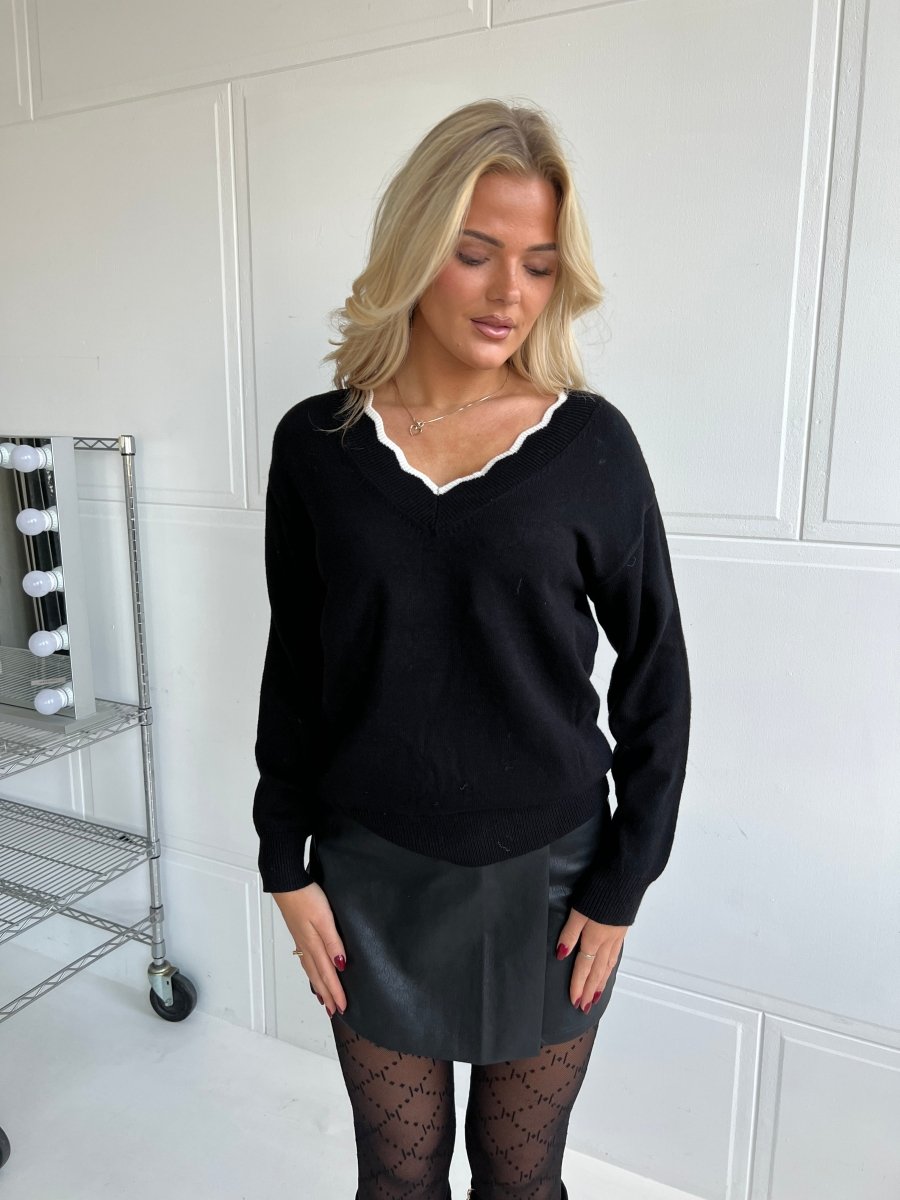 Rosy Days Black V - Neck Sweater with Bow Detail - Aaberg DK